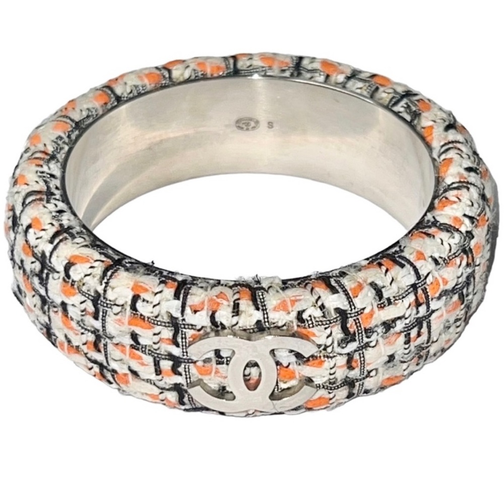 AUTH Chanel Orange Cream Tweed Bangle Bracelet Silver Metal CC Logo